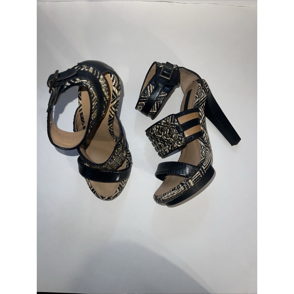 Bohemian Tribal Woven BCBG Max Azria Stiletto‎ Heels Black Leather Studded